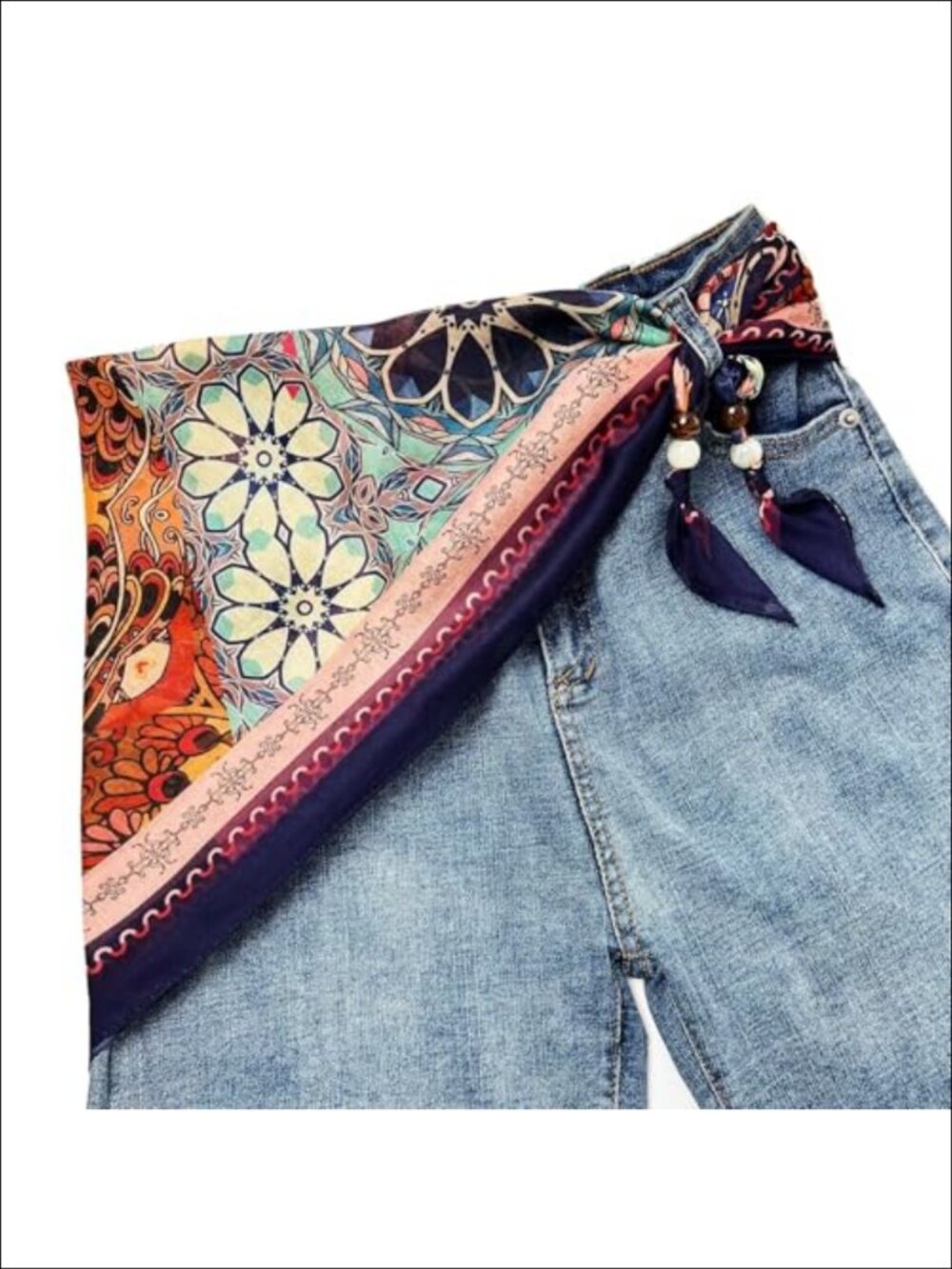 Boho Floral Triangle Scarf Belt Wooden Bead Waist Sash Bandana